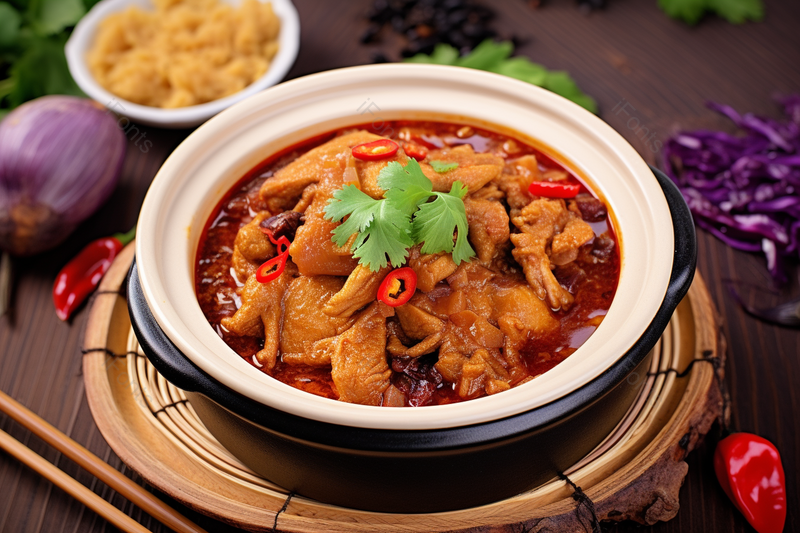 在砂锅中的美味的水煮肉片精致摆盘摄影,高清,摄影图,摄影图片,图片大全,摄影图免费下载